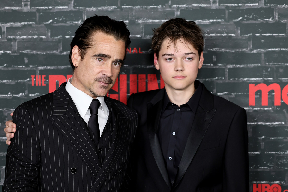 Colin Farrell z synem Henrym Tadeuszem na premierze serialu „Pingwin”.