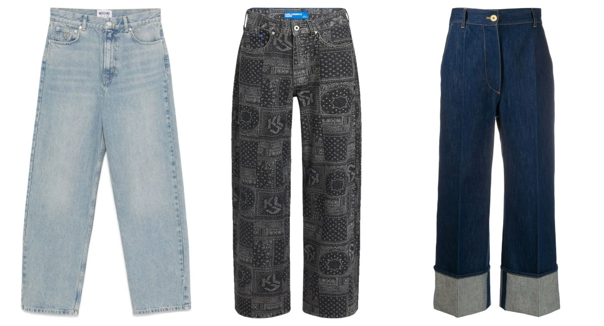 Trzy modele spodni: jasne baggy jeans, czarne z wzorem oraz granatowe z szerokim mankietem.