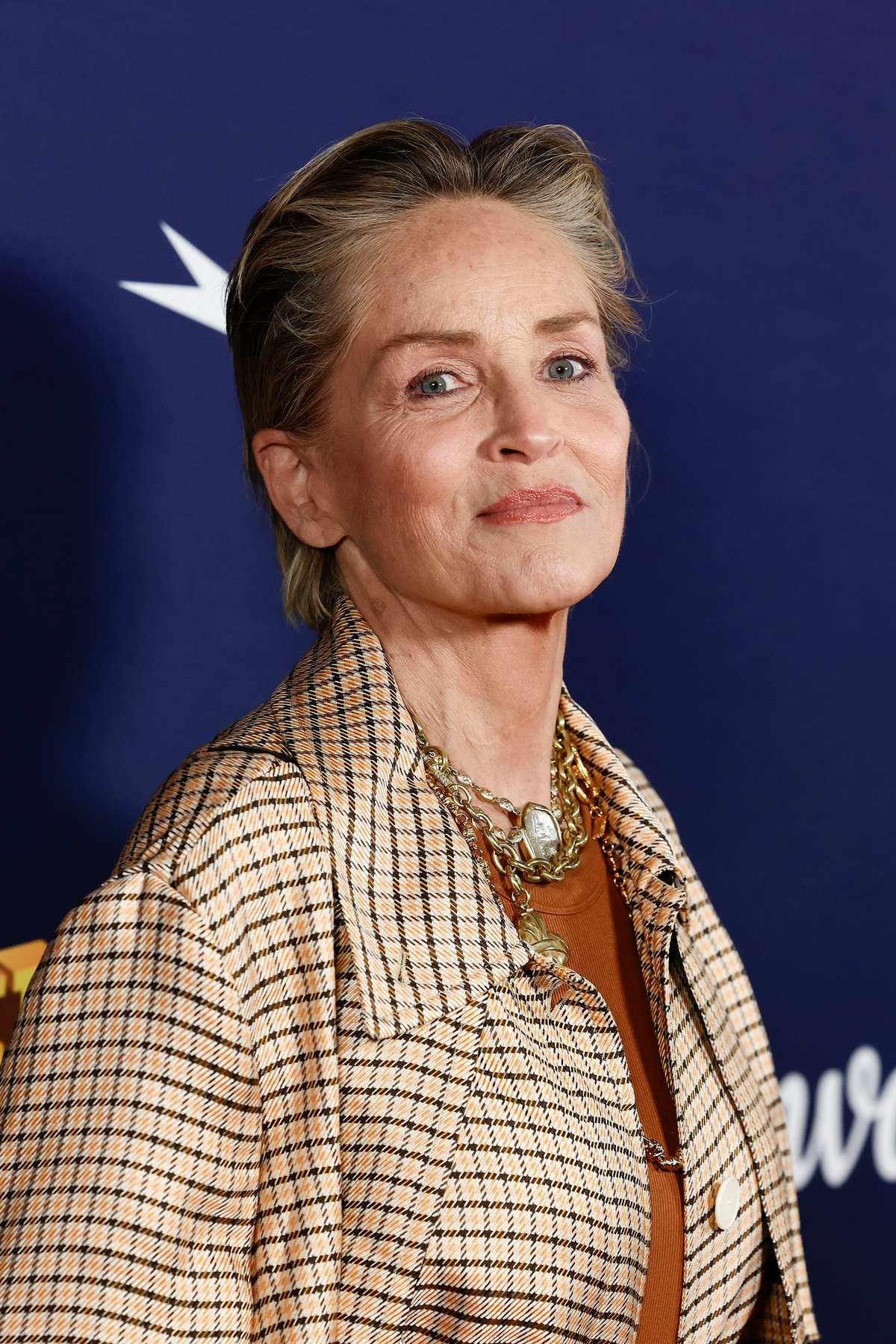 Sharon Stone pozuje uśmiechnięta, w stylowej kurtce w kratę, na tle niebieskiego tła podczas 42. Festiwalu Filmowego w Turynie.