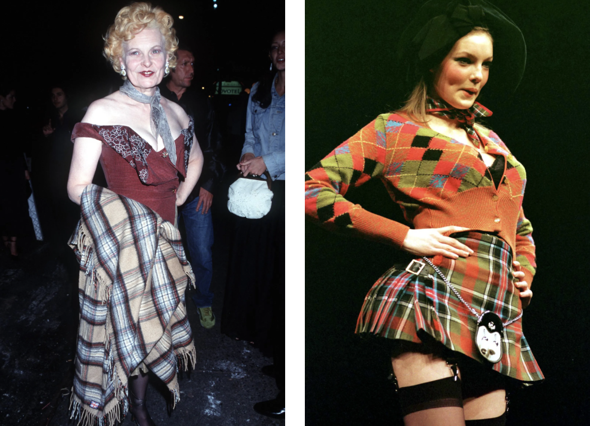 Vivienne Westwood (Fot. Robin Platzer/Twin Images/Getty Images); spódniczka inspirowana kiltem z archiwalnej kolekcji Vivienne Westwood (David Cheskin - PA Images/Getty Images)