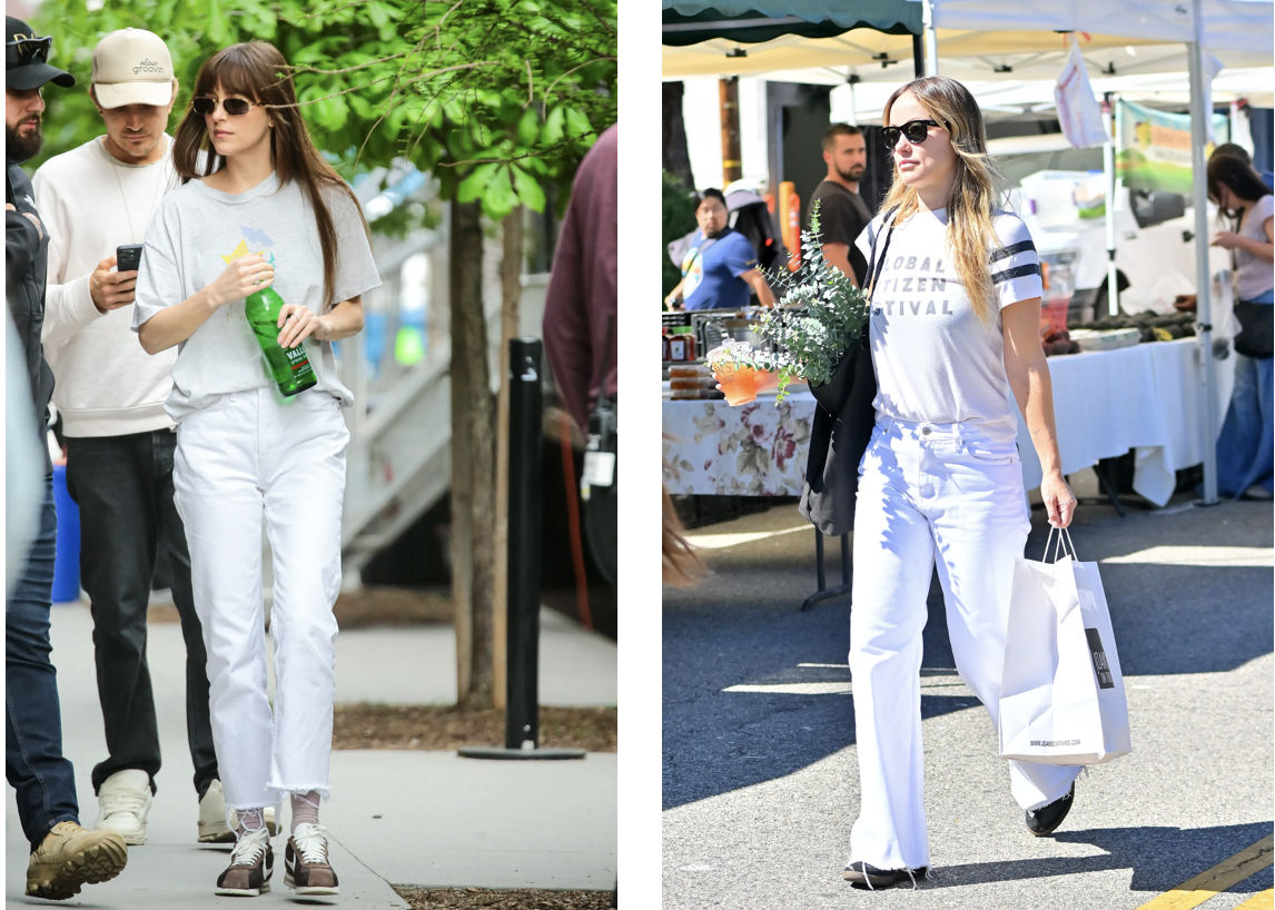 Dakota Johnson i Olivia Wilde w białych jeansach na lato 2024 (Fot. Getty Images)