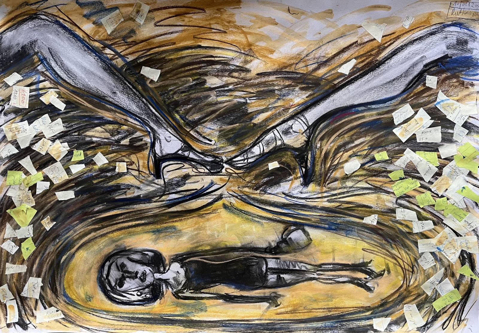 Filipka Rutkowska ‘Przemijanie emocji’, węgiel, pastel, kolaż na papierze, 70 x 100 cm, 2024 