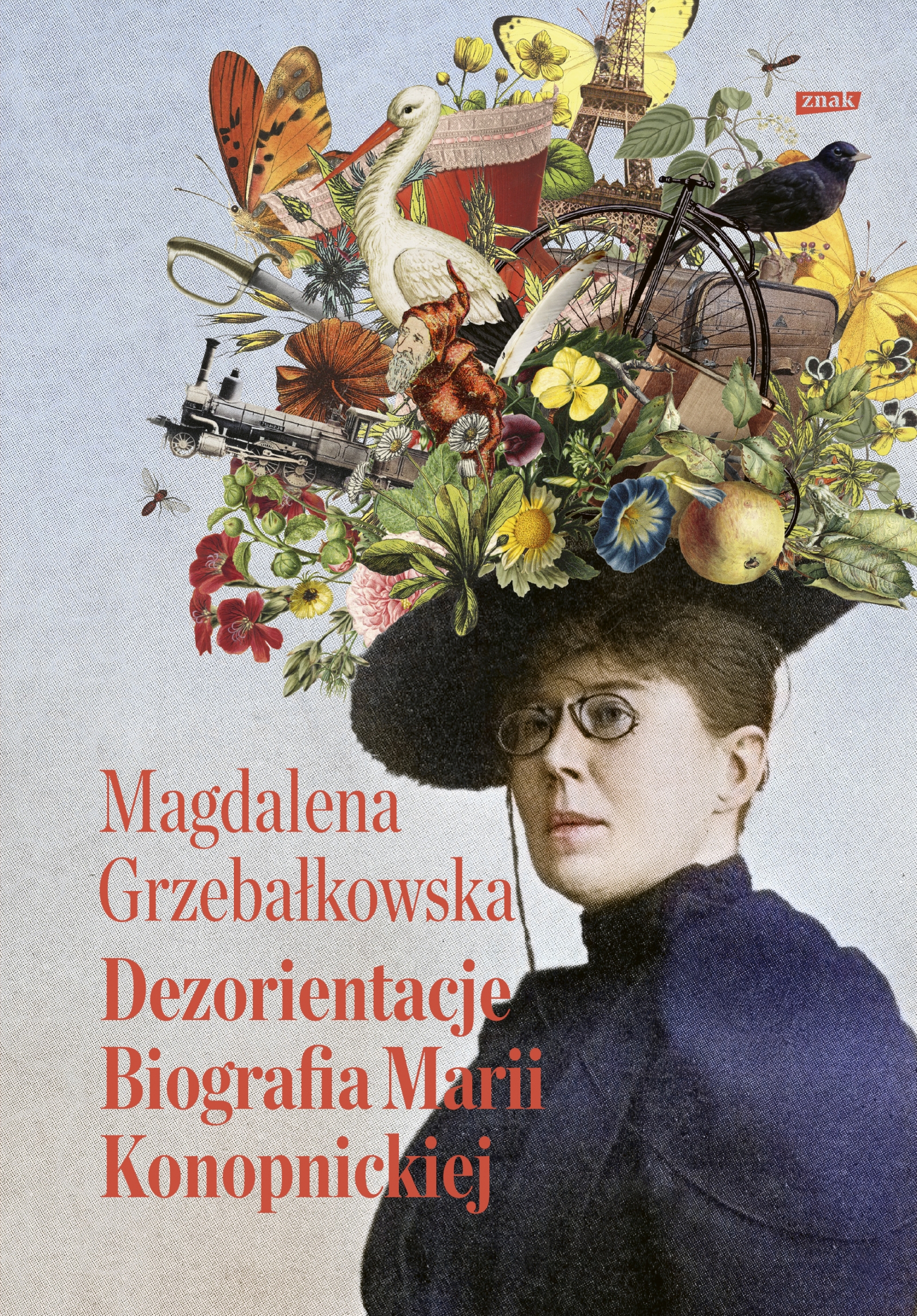 Obraz przedstawia kobietę w eleganckim kapeluszu, otoczoną kolorowymi ilustracjami motyli, roślin, pociągu i wieży Eiffla.