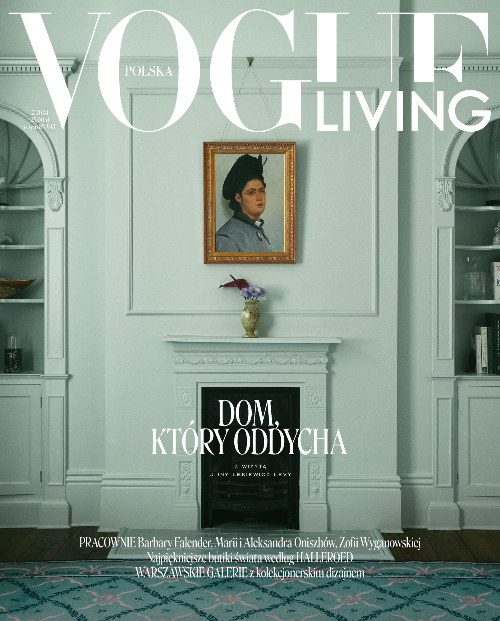 Okładka magazynu "Vogue Living Polska" z 2024 roku, prezentująca stonowane wnętrze z obrazem i eleganckim wystrojem.