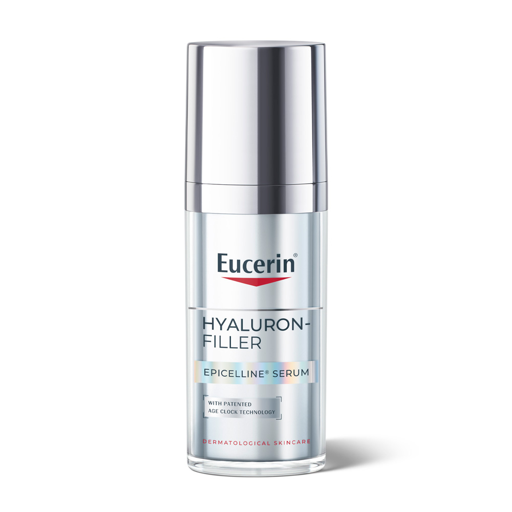 Serum Eucerin Hyaluron-Filler w przezroczystym opakowaniu z metalową nakrętką, dedykowane pielęgnacji skóry.