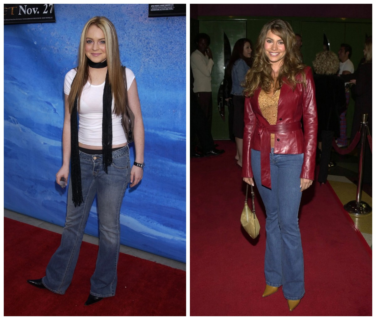 Lindsay Lohan w czarnych kozakach ze spiczastym noskiem w 2000 roku i Sofia Vergara w skórzanych kozakach ze spiczastym noskiem w 2002 roku (Fot. Albert L. Ortega/WireImage, Jean Paul Aussenard/Getty Images)