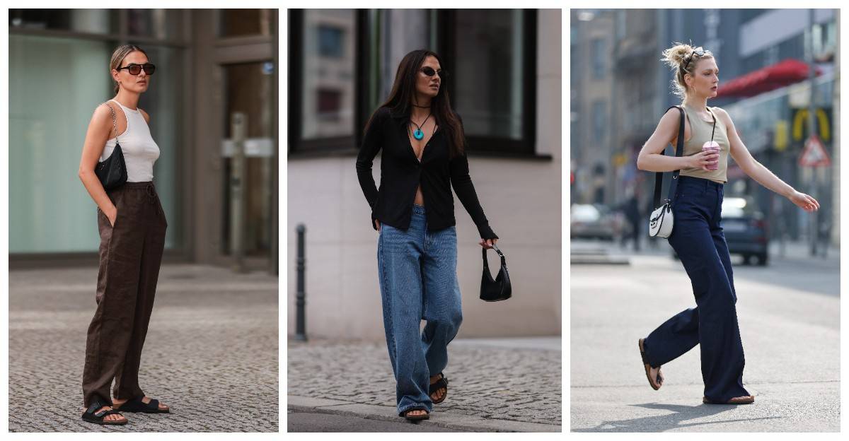 Birkenstocki latem nosimy z szerokimi spodniami i dopasowaną górą / (Fot. Getty Images)