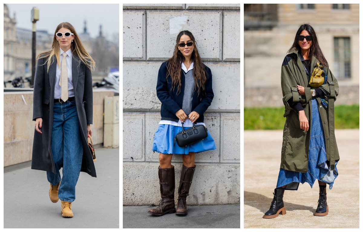 Trzy stylizacje kobiet na ulicach, każda w unikalnym połączeniu ubrań - od eleganckich do casualowych akcentów.