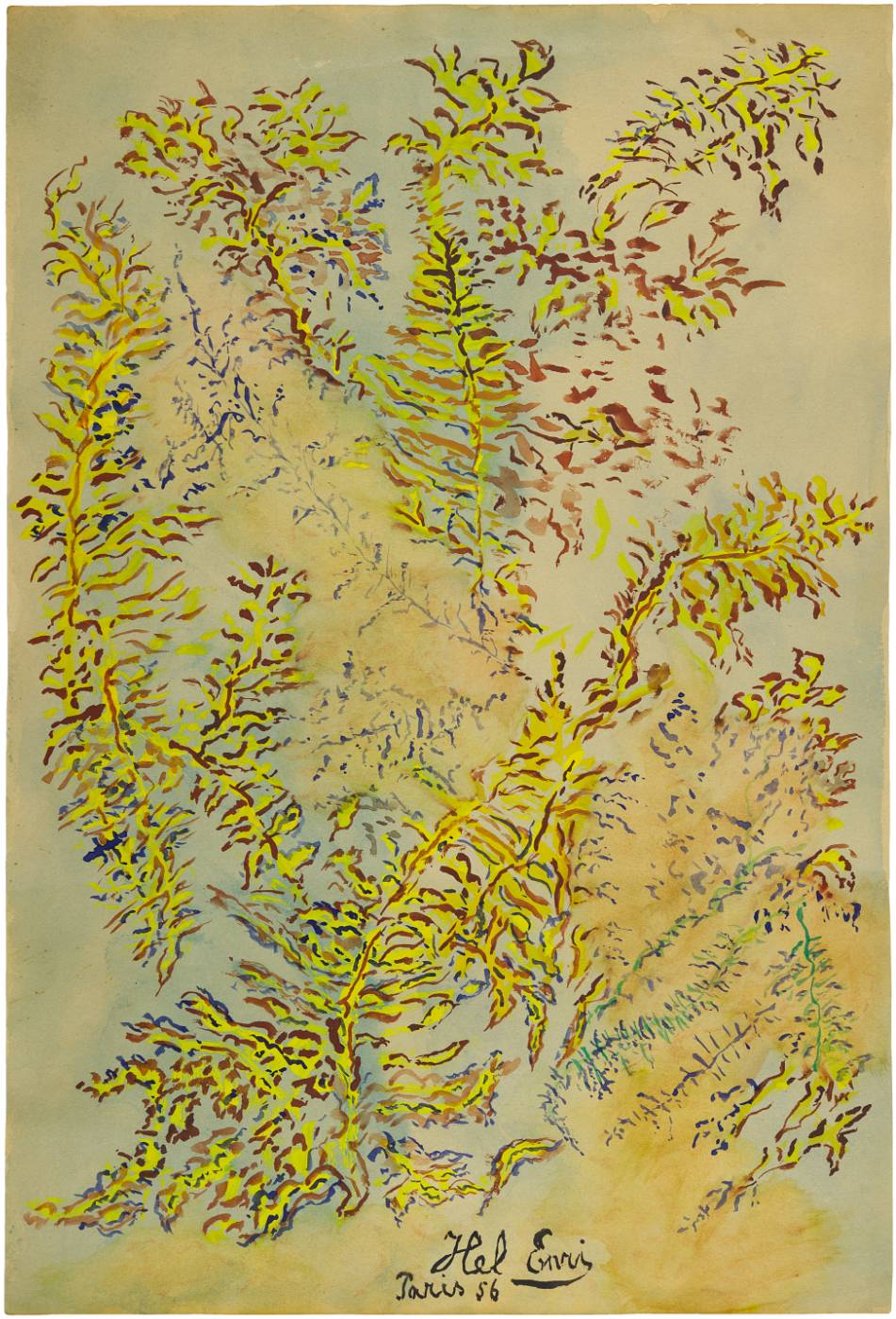 Hel Enri, Jesienna abstrakcja roslinna, 1956, pastel na żółtym papierze, Wejman Gallery / (Fot. Materiały prasowe POLIN)