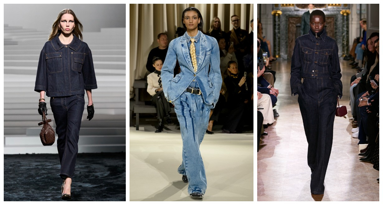 Jeansowe total looki: Versace, Schiaparelli, Victoria Beckham / (Fot. Spotlight. Launchmetrics )