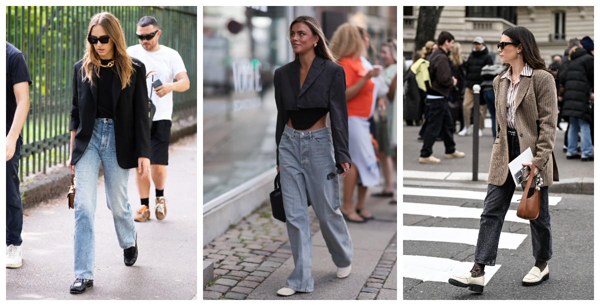 Jeansy z wysokim stanem będą zawsze świetnie dopełniać jesienne stylizacje z marynarkami / (Fot. Claudio Lavenia, Jeremy Moeller, Daniel Zuchnik/ Getty Images)