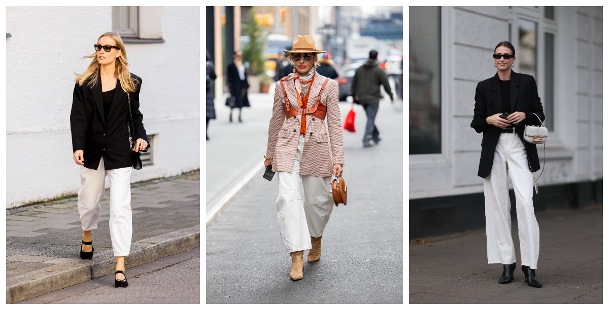 Białe jeansy i marynarki to klasyka jesiennych stylizacji / (Fot. Jeremy Moeller/Christian Vierig/Streetstyleshooters/Getty Images)