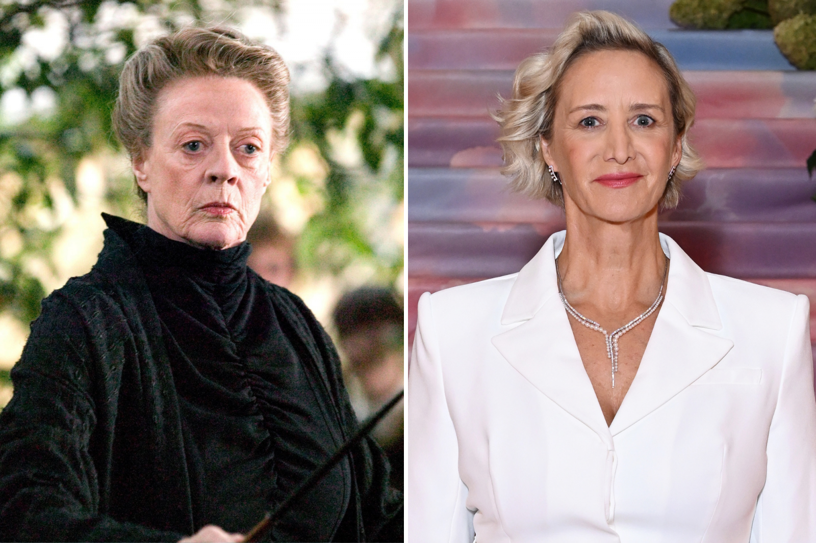 Minerva McGonagall przedstawiona przez Janet McTeer w dwóch różnych stylizacjach: w edukacyjnej szacie i eleganckiej sukni.