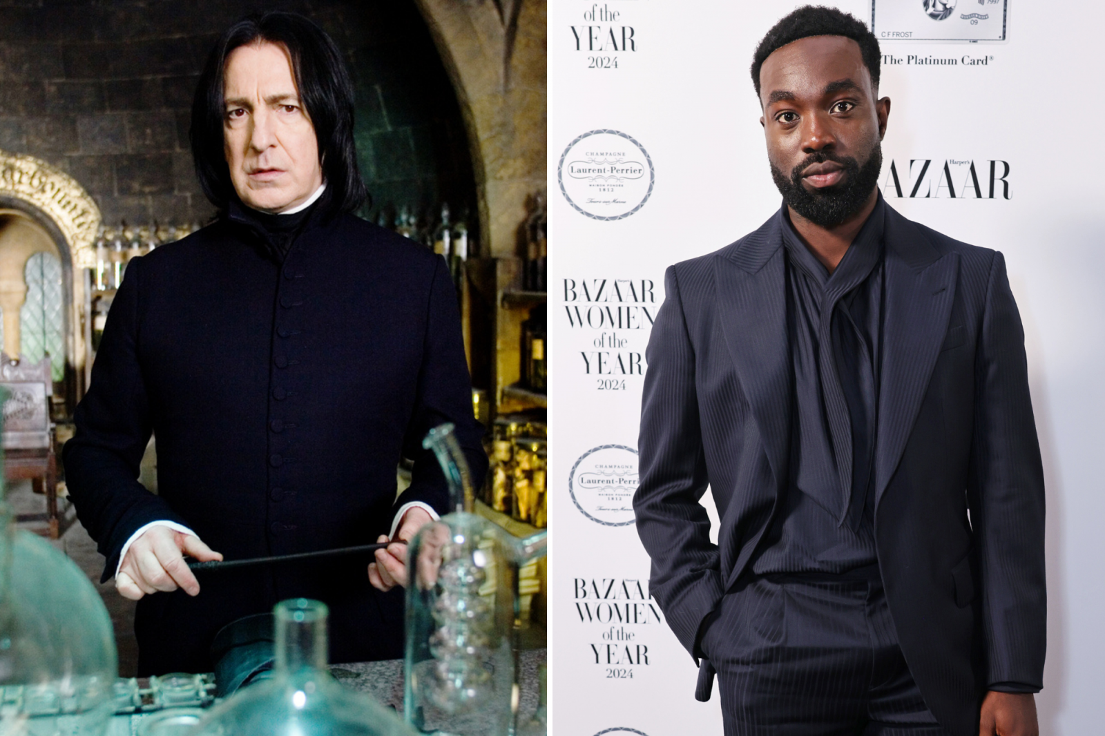 Severus Snape i Paapa Essiedu, zróżnicowane style, pierwszy w mrocznej scenerii, drugi na eleganckim wydarzeniu.