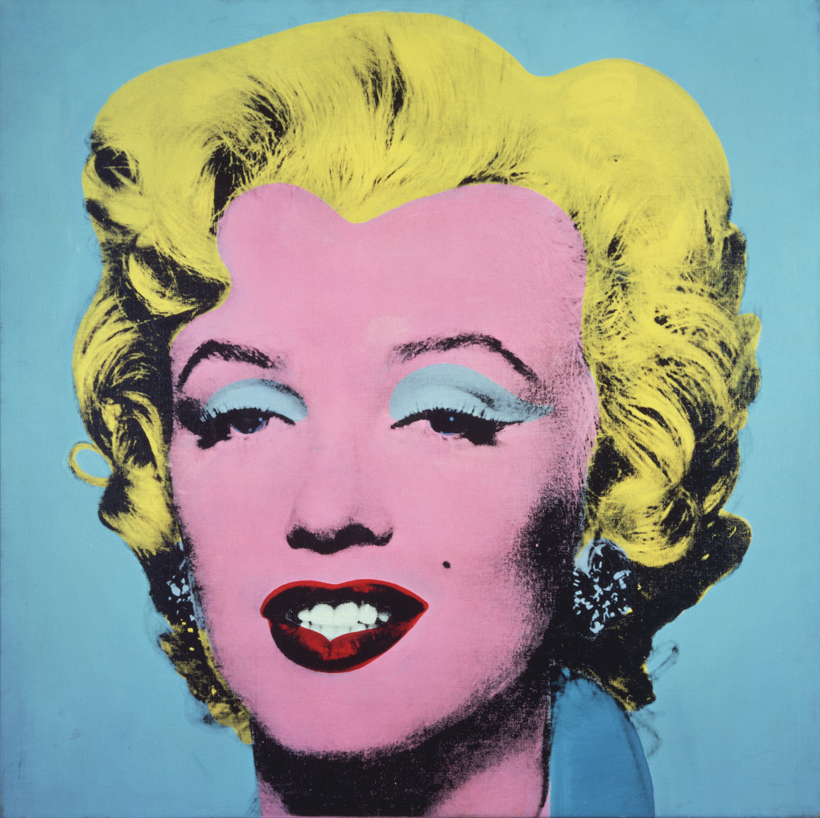 Andy Warhol, Shot Sage Blue Marilyn, 1964 – portret Marilyn Monroe w wyrazistych kolorach, z różowym tłem i żółtymi włosami.