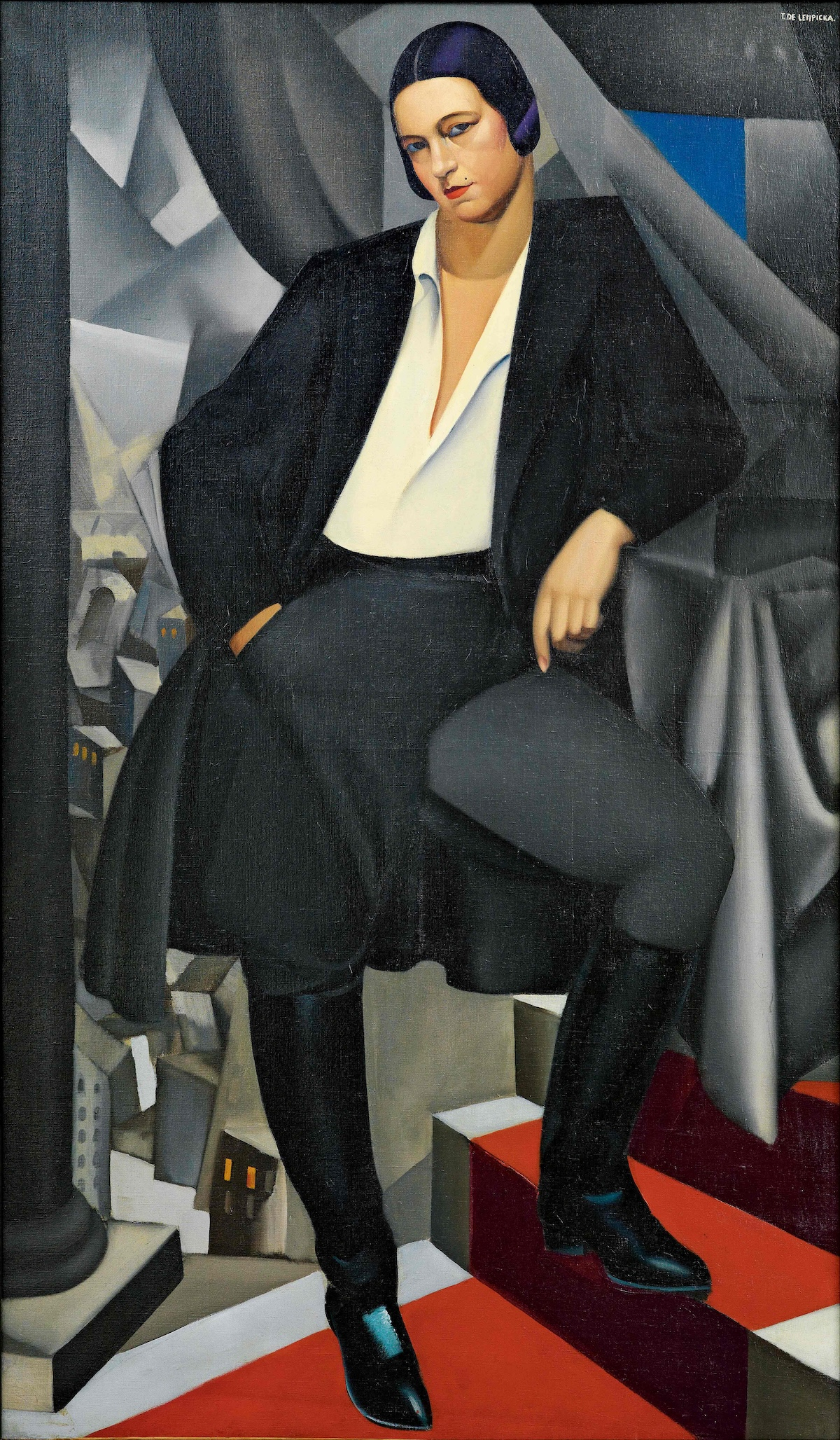 Tamara de Łempicka, Duchesse de la Salle de Rochemaure, 1925. Portret kobiety w eleganckim stroju, z widokiem na miejską scenerię.