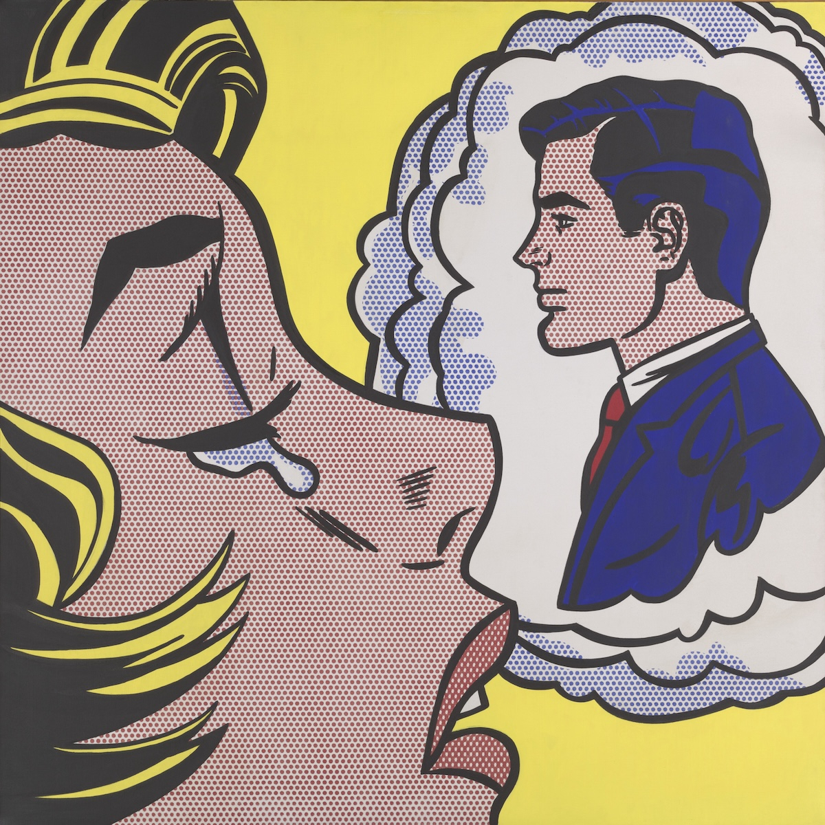 Roy Lichtenstein, Thinking of Him, 1963, przedstawia płaczącą kobietę myślącą o mężczyźnie w kolorowym komiksowym stylu.