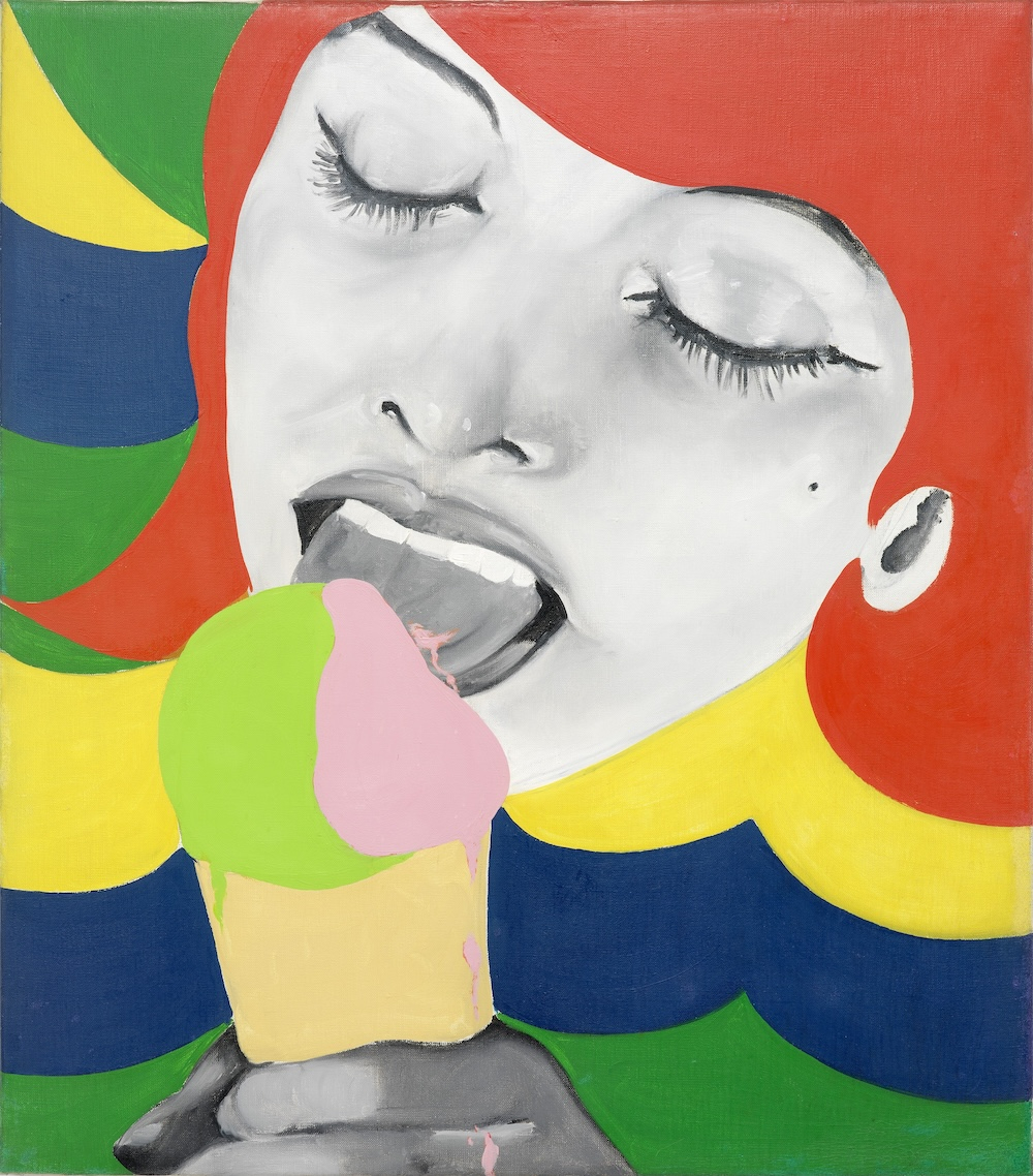 Evelyne Axell, Ice Cream, 1964 – kobieta z czerwonymi włosami smakująca lody w kolorowej, abstrakcyjnej kompozycji.