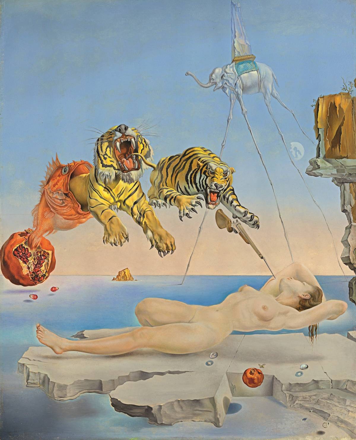 Salvador Dalí, Sen spowodowany lotem pszczoły wokół jabłka granatu na sekundę przed przebudzeniem, ok. 1944 (Museo Nacional Thyssen-Bornemisza, Madrid. © Salvador Dalí, Fundació Gala-Salvador Dali / Adagp, Paris 2024)