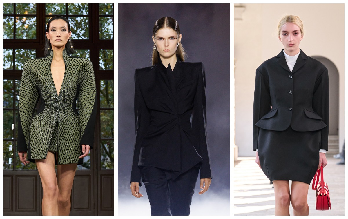 Taliowane marynarki damskie na wiosnę-lato 2025: Mugler, Alexander McQueen, Bally / (Fot. Spotlight. Launchmetrics )