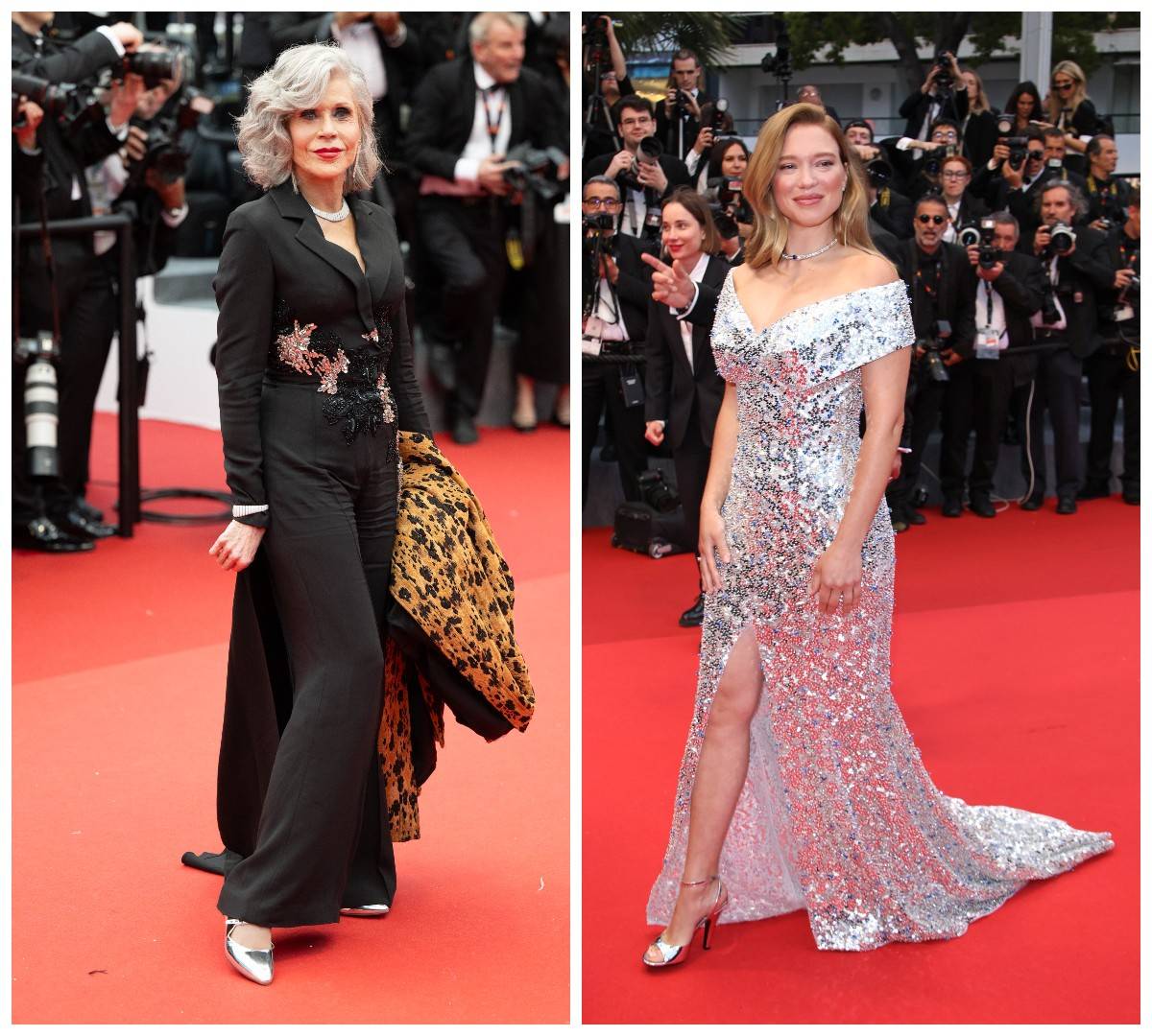 Srebrne buty podbijają czerwony dywan w Cannes - noszą je Jane Fonda i Lea Seydoux / (Fot. Getty Images)