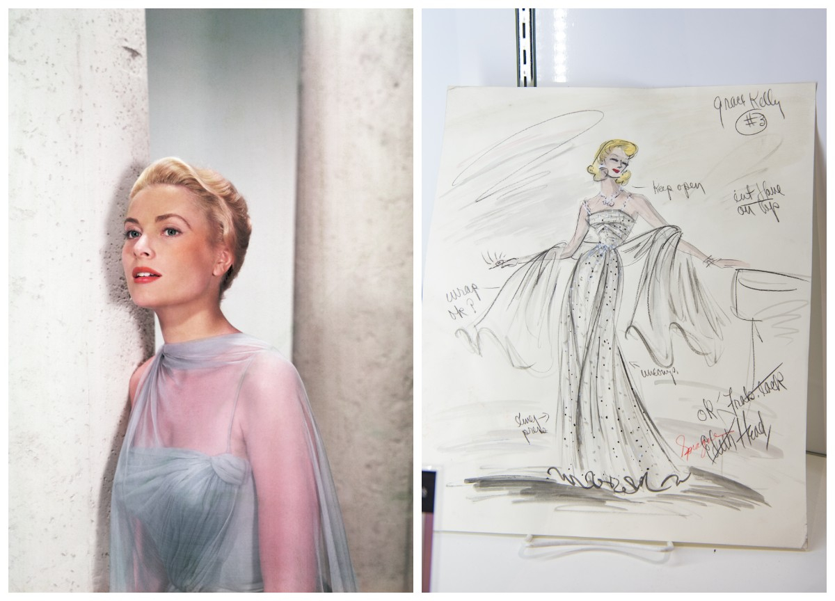 Słynna błękitna suknia Grace Kelly w filmie Złodziej w hotelu, projektu Edith Head / (Fot. Bettmann, Olivia Wong/Getty Images)