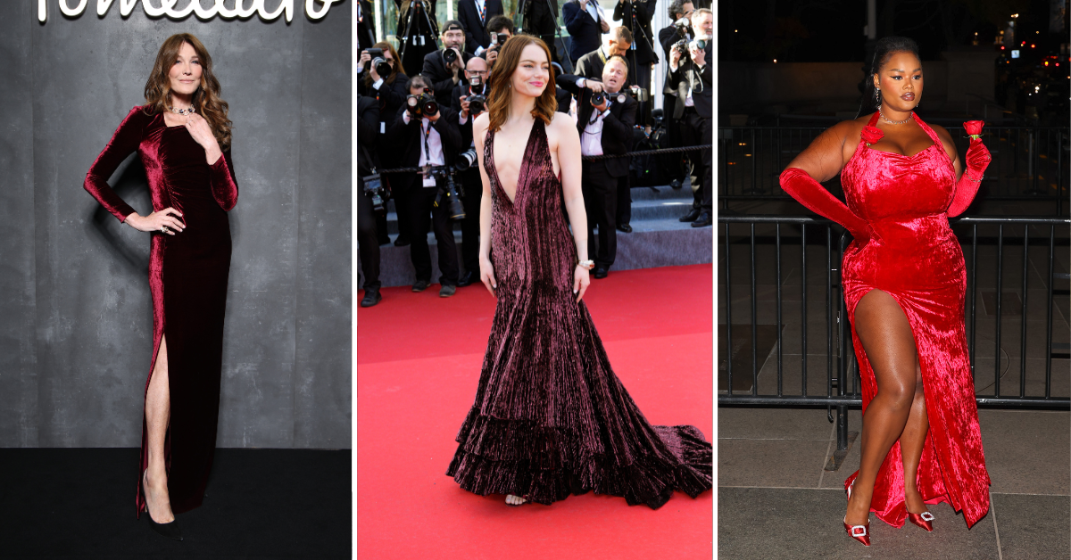 Carla Bruni, Emma Stone i Precious Lee w czerwoną welurową sukienkach na różnych wydarzeniach.