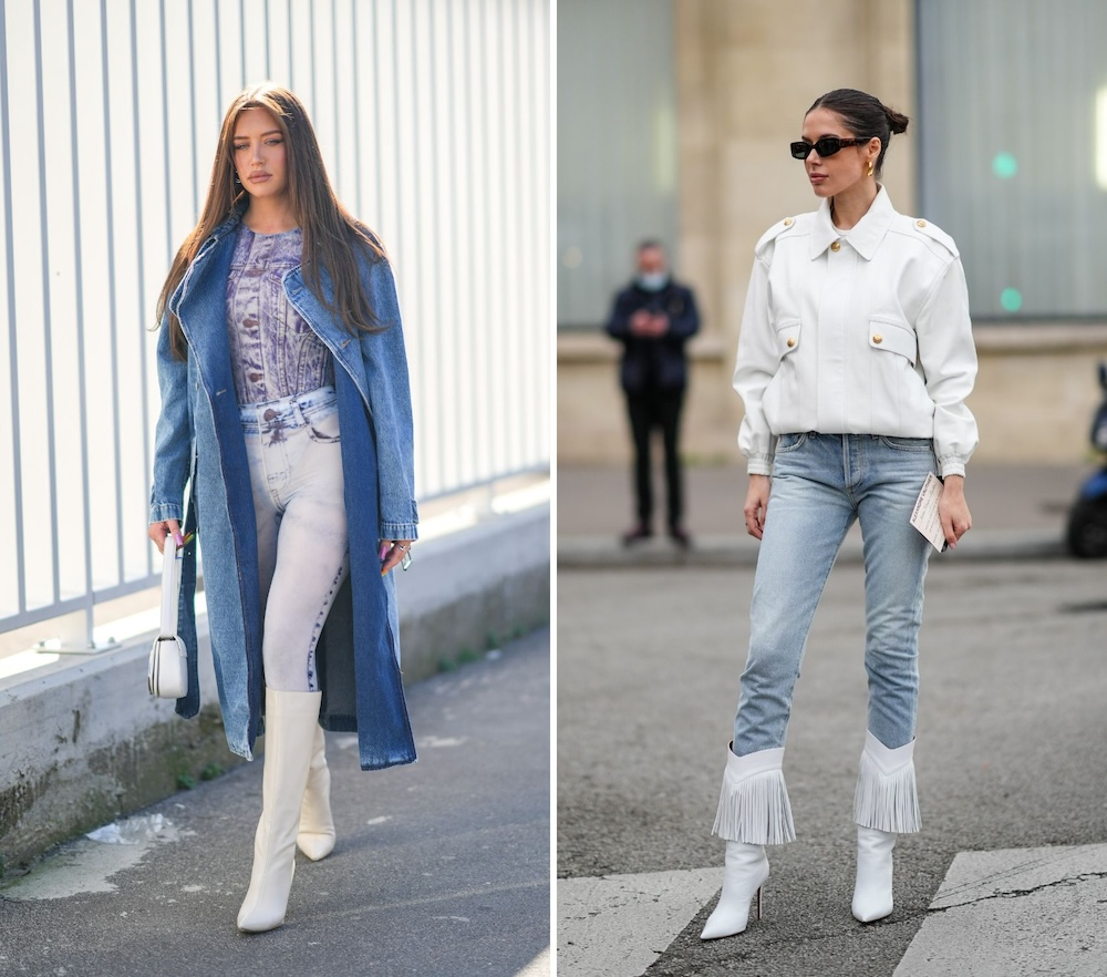 Dwie stylizacje z skinny jeans; po lewej w długim płaszczu i białych kozakach, po prawej w białej kurtce i frędzlami.