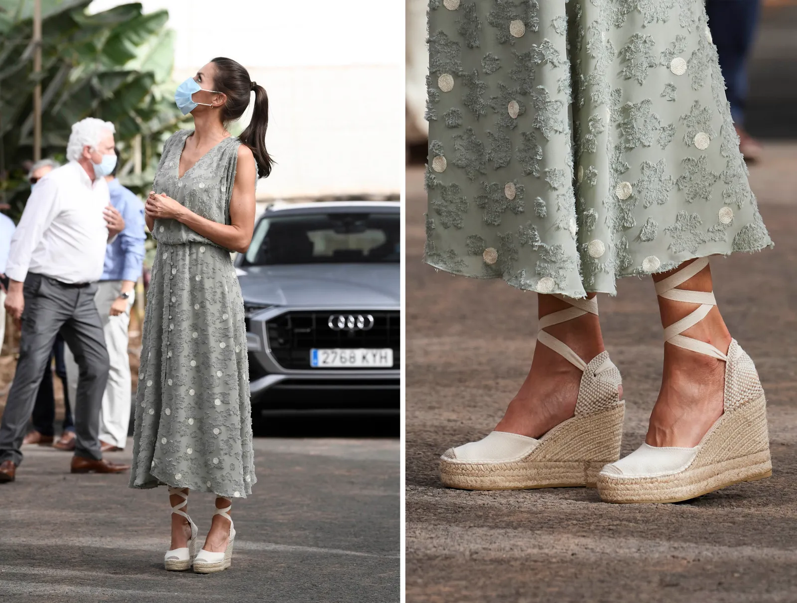 Hiszpańska królowa Letycja w sukience w grochy i espadrylach sznurowanych wysoko na nodze. (Fot. Getty Images)