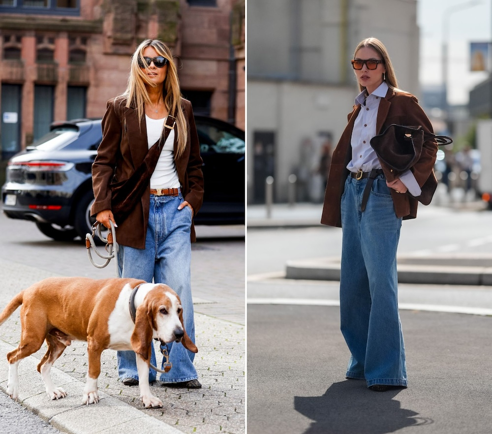 Jesienią modne stanie się połączenie dłuższej marynarki z zamszu i jeansów (Fot. Streetstyleshooters, Edward Berthelot/Getty Images)